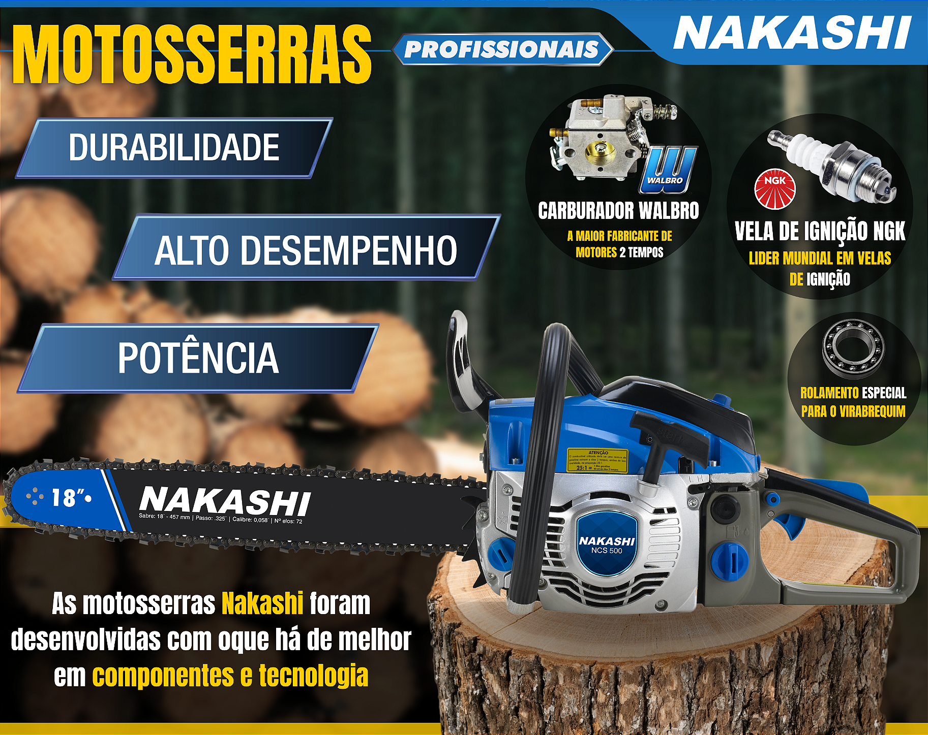 Motosserra Profissional Nakashi NCS500 49,3cc 18
